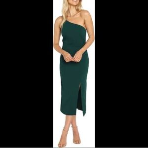 NWOT Petal & Pup Forest Green One Shoulder Midi Dress with Asymmetrical Slit